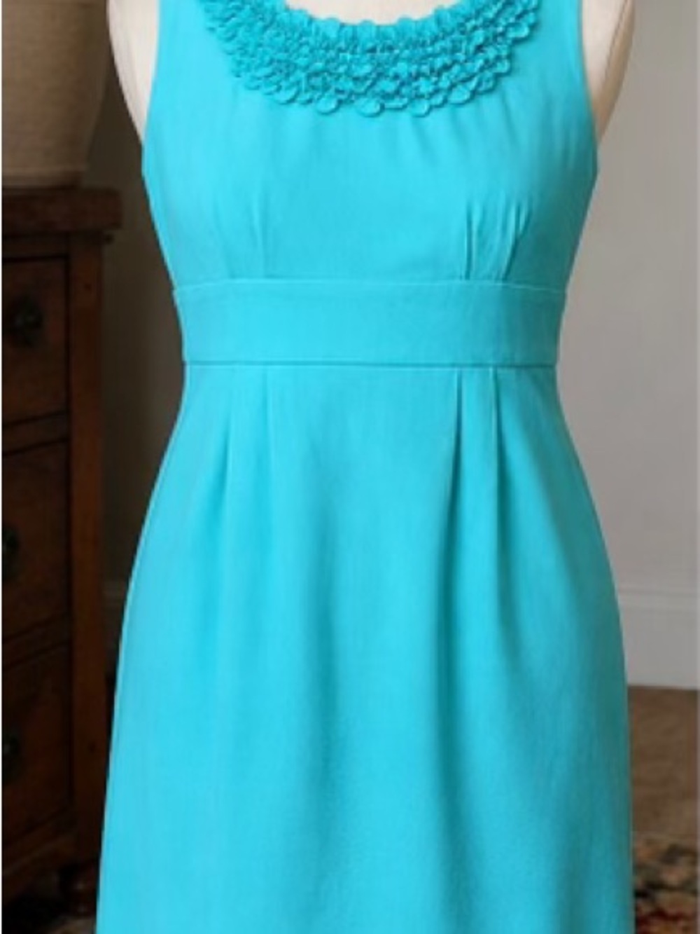 Dress Barn Turquoise Sleeveless A-Line Midi Dress with Ruffled Neck